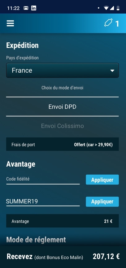 Aperçu du panier avant validation de la vente des catalyseurs depuis l'application mobile Autocycling